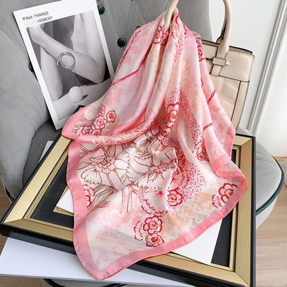 Fashion Design Satin Silk Square Scarf Print Hair Ribbon Scarf for Women Neckerchief Bandana Floral Printing Shawl Headband 2023