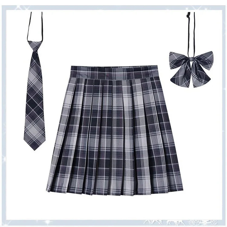 Women Plaid Pleat Skirt With Necktie Bowtie