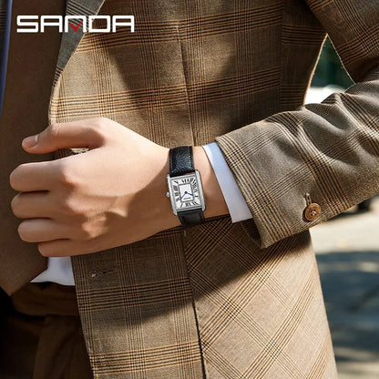 SANDA Couple Watch 30M Waterproof Casual Fashion Women Men Quartz Watches Wear Resistant Leather Strap Square Dial Design Reloj