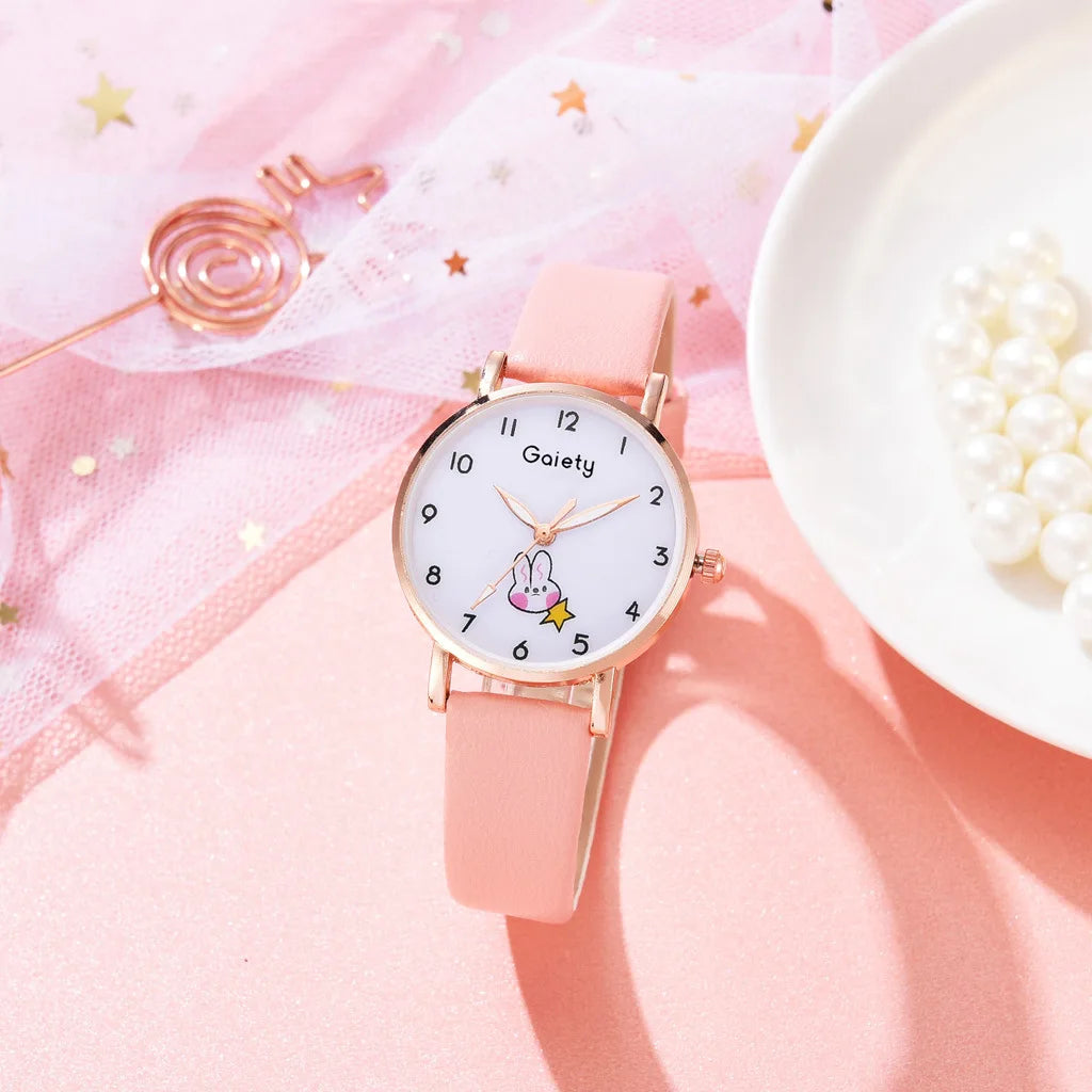 New 5pcs Women Watch Bracelet Set Leather Cute Rabbit Girls Wristwatch Fashion Ladies Quartz Clock Reloj Mujer Students' Gift