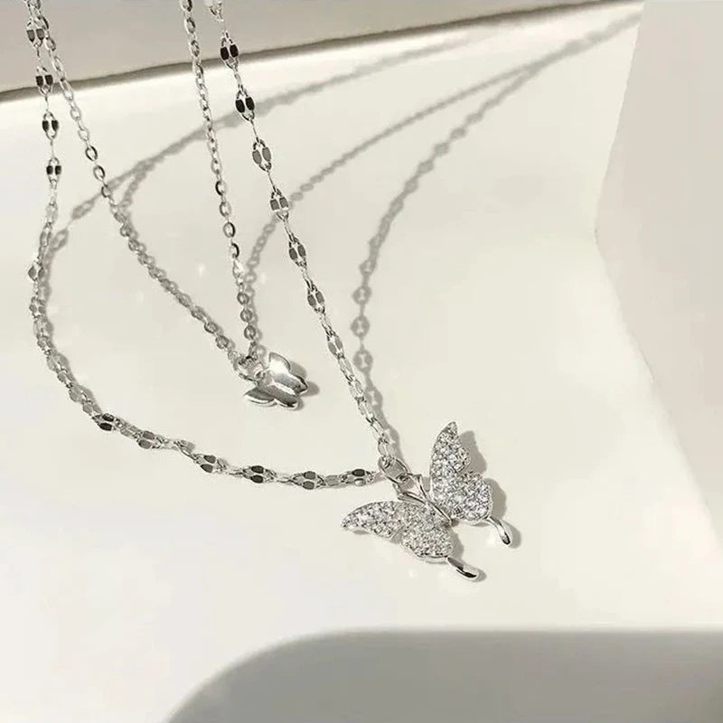 925 Sterling Silver Necklace For Woman Butterfly Necklace Ladies Exquisite Double Layer Clavicle Chain Necklace Jewelry Gift