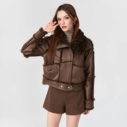 2024New Spring Women Retro Short Faux Leather Fur Coat Clothing Moto Biker Zipper Sheepskin Jacket Long Sleeved Turn Down Collar