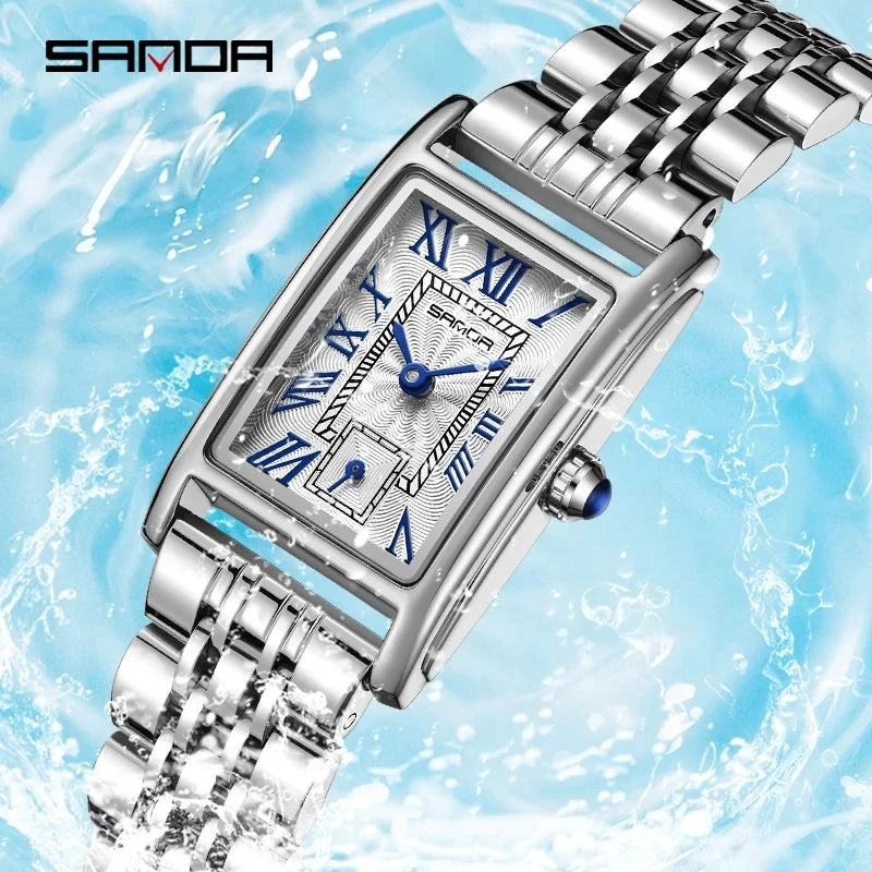 SANDA 1116 Quartz Watch Women Elegant Design Watches Rectangle Dial Waterproof Steel Leather Business Ladies Wristwatches Gift