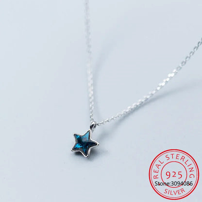 100% 925 Solid Sterling Silver Necklace Women Girl Sweet Star Blue CZ 40cm Short Clavicle Necklace For Teen Jewelry DS981