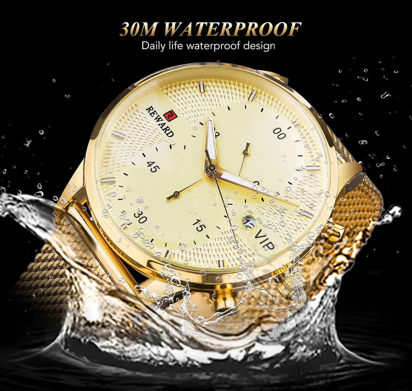 REWARD Classic Gold Wrist Watches For Top Brand Luxury Business Date Waterproof Luminous Stainless Steel Men Quartz Wristwatch