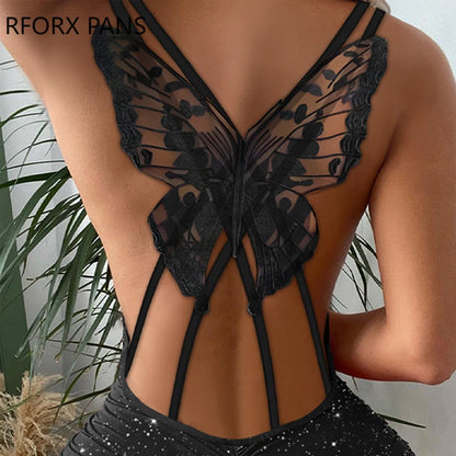 Women Elegant Glitter Halter Double Spaghetti Straps Butterfly Decor Back Sleeveless  Bodycon Sexy Mini Dress