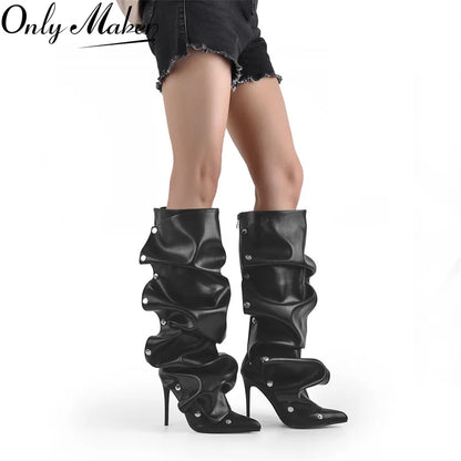 Onlymaker Women Pointed Toe Pleated Thin Heel Knee High Boots