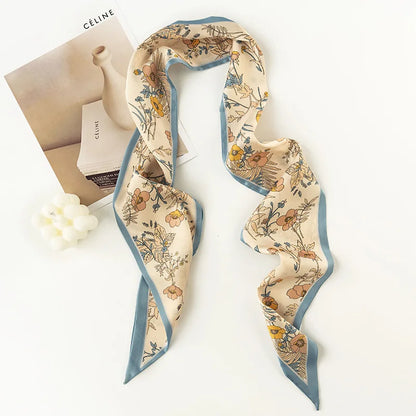 2023 New Fashion Satin Silk Hair Ribbon Scarf for Women Floral Print Skinny Scrunchies Hairbands Neckerchief Wrist Wrap Neck Tie