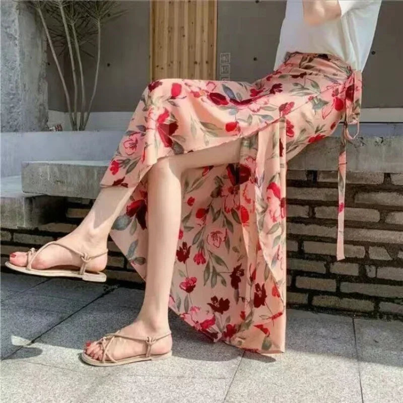 Fashion Cotton Women Floral Print Skirt Side Tie  Beach Skirts Summer High Waist Wrap Flower Long Skirt With Slit