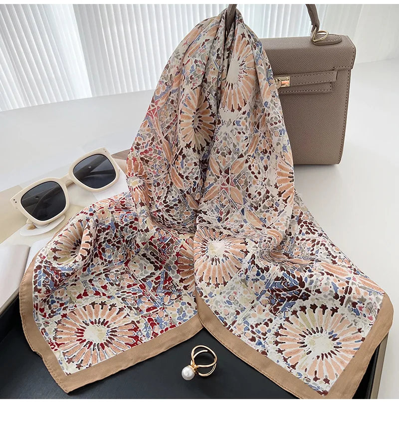 2023 Women Multifunction Polyester Silk Scarf Retro Florals Printed Casual Satin Small Square Wraps Head Neck Scarves hijab 70cm