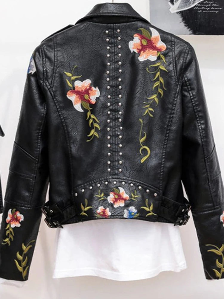 Ailegogo Women Vintage Floral Print Embroidery Pu Faux Leather Jacket Spring Autumn Female Zipper Punk Moto Biker Coat Outwear