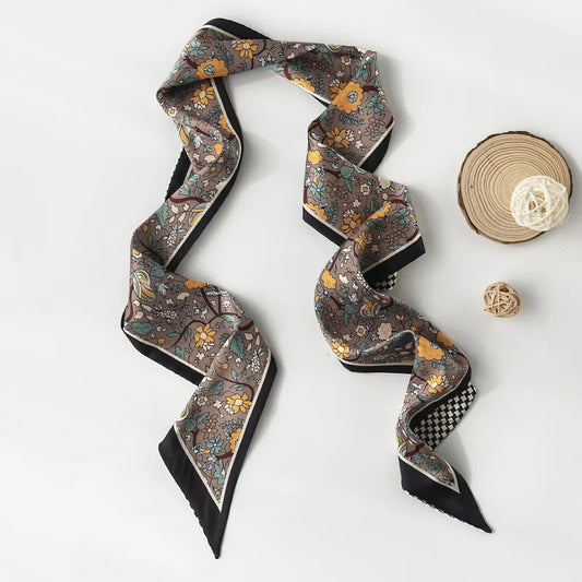 2023 Retro Satin Silk Hair Ribbon Scarf for Women Flower Print Skinny Scrunchies Hairbands Neckerchief Wrist Wrap Neck Tie