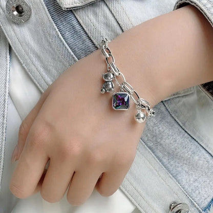 925 Sterling Silver Bracelet Lucky Cute Bear Square Geometric Punk For Woman Girl Fashion Jewelry Gift Dropship Wholesale