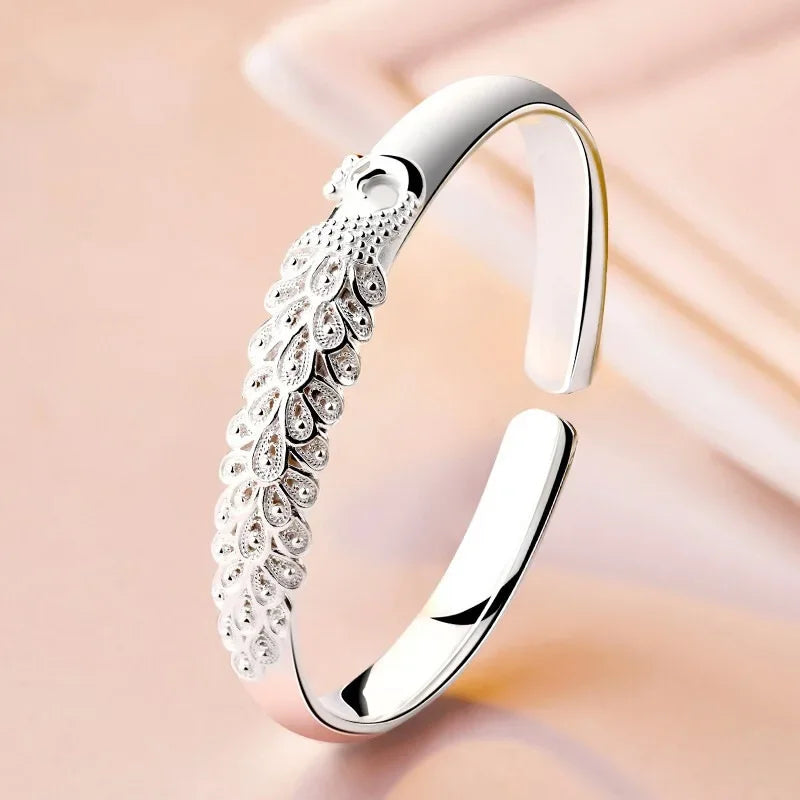 925 Sterling Silver Peacock Opening Screen Bracelet For Women Luxury Designer Texture Open Bracelets Party Original Jewelry Gift