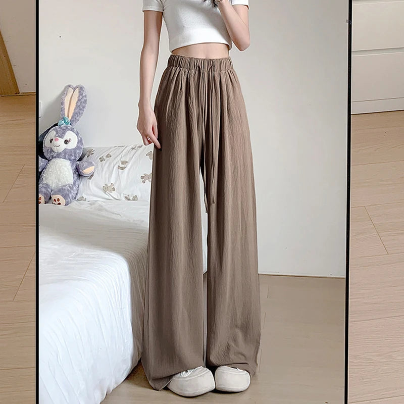 Summer Women's New Fashion Thin Japanese Ice Silk Wide-Leg Pants High-Waisted Straight Draped Anti-Wrinkle Casual Pants