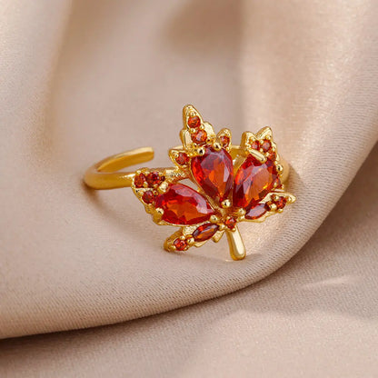 Zircon Maple Leaf Rings For Women Stainless Steel Gold Color Opening Plant Ring 2024 New Trend Wedding Party Jewerly Gift