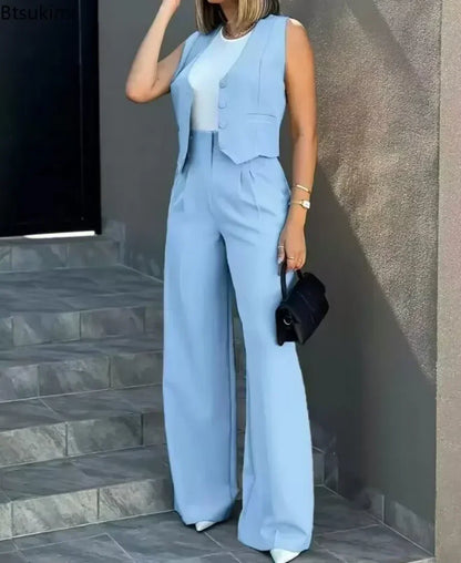 New 2024 Women's Summer Casual 2PCS Pants Sets Solid Vest +Pants Sets Elegant High Waist Wide Leg Outfits Women Matching Sets