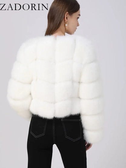 ZADORIN Faux Fur Coats Cropped Top For Women Jacket Winter 2024 Luxury Faux Fox Fur Coat Women Fluffy White Faux Fur Jacket Tops