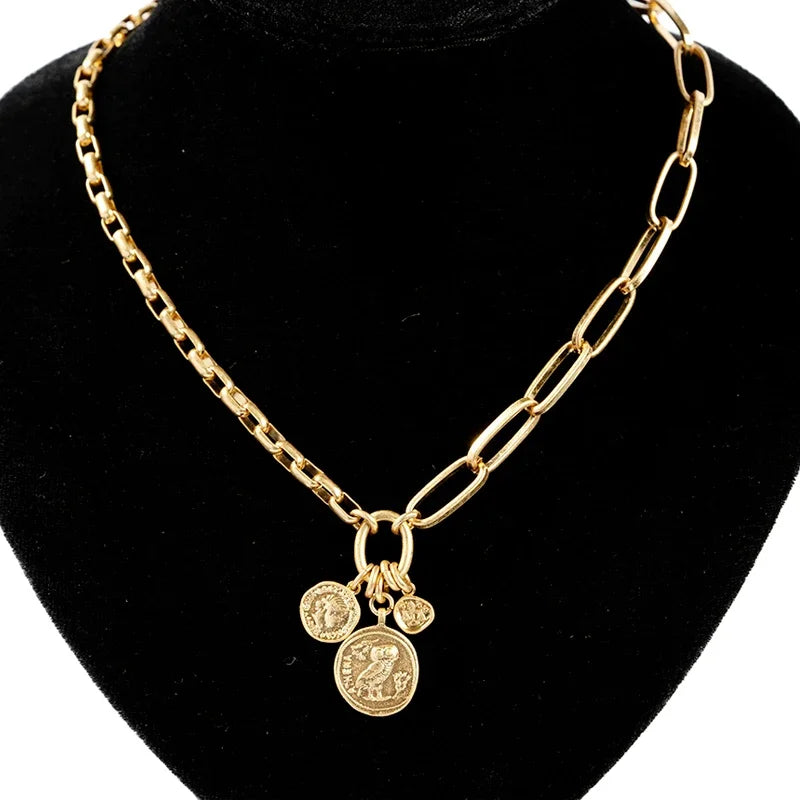 Stainless Steel Metal Necklaces Gold Color Old Coin Pendant Necklace Women Men France 2024 Trendy Jewelry Sets Girl Friend Gift