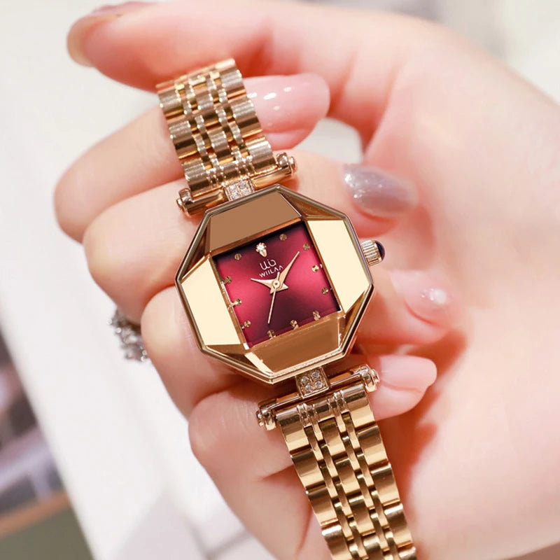 Rose Gold Creative Dial Creative Design Stainless Steel Women Wrist Watches For Ladies Watches Female CLock Red Dial Rhinestone