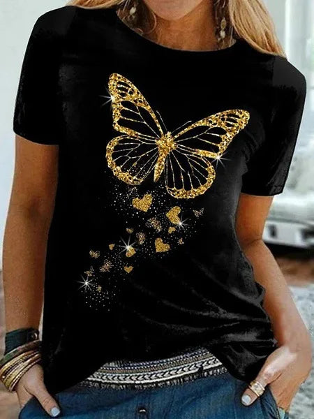 Golden Butterfly Print Women T Shirt Short Sleeve O Neck Loose Women Tshirt Ladies Tee Shirt Tops Clothes Camisetas Mujer