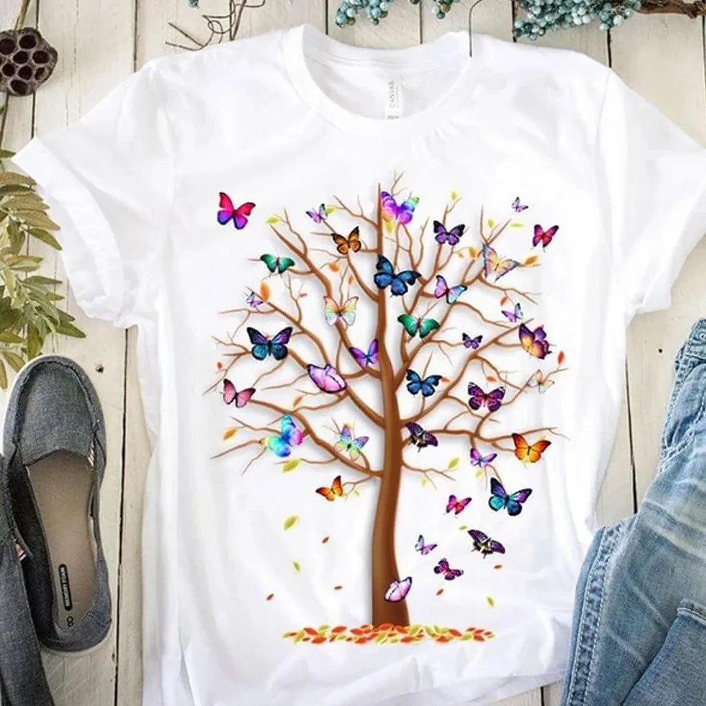 Women's Butterfly Tree Print Harajuku T-Shirt, Round Neck Top, Short Sleeve, Casual Summer Tee Shirt