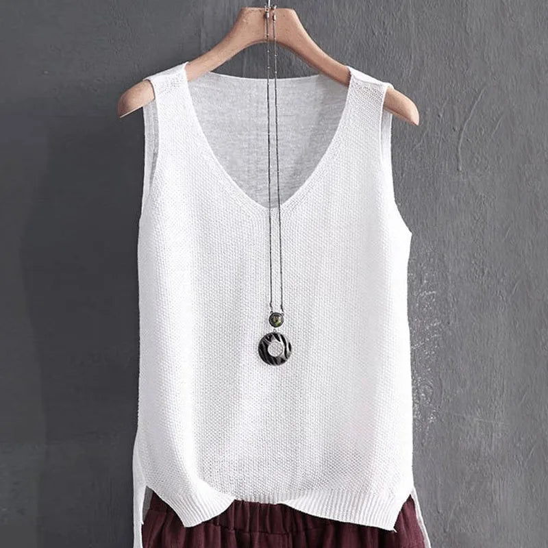 Blusas Mujer De Moda 2024 Blouse Women Summer Sleeveless Knitted Blouse Shirt Women Clothes V-neck Blouse Women Tops Shirts C855