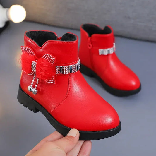 Zapatos Niña Velvet Children Boot Winter New Warm Girl Boots Fashion Leather Boot Bow Princess Boots Child Shoes Cute Ankle Boot