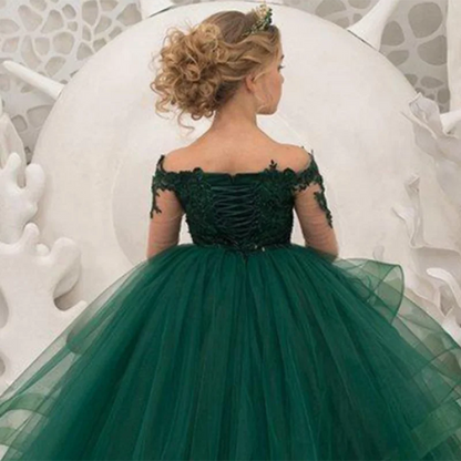 Gorgeous Green Flower Girl Dresses Scoop Neck Appliqued Beaded Long Sleeves Girl Pageant Gowns Ruffle Tiered Sweep Train Birthda