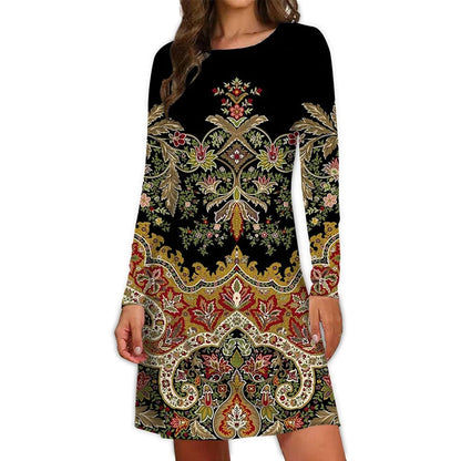 2024 Fall New Arrival Women's Dresses Ethnic Style Bohemian 3D Printing Dress Vintage Casual Loose Long-Sleeve Fashion Clothing