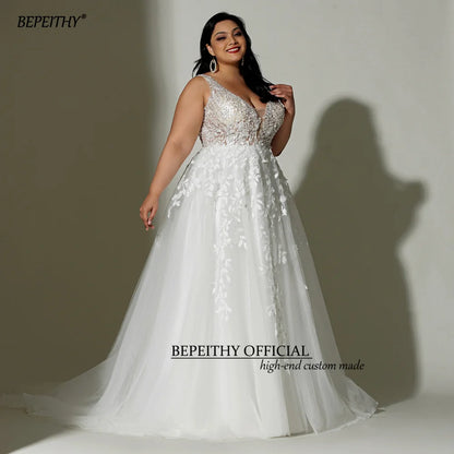 BEPEITHYCustomized Lace Boho Wedding Dress 2022 For Plus Size Women Bride Sleeveless A Line Ivory V Neck White Curve Bridal Gown