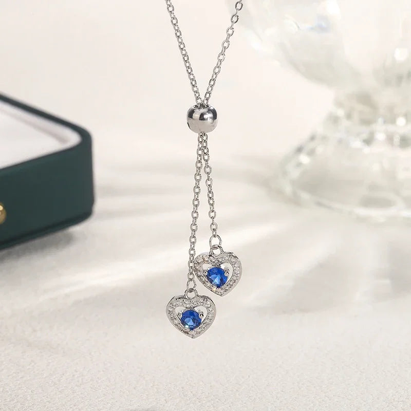 Classic Double Love Heart Blue Zircon Pendant Necklace Fashion Women Collarbone Chain Party Jewelry Sweater 925 Silver Necklace