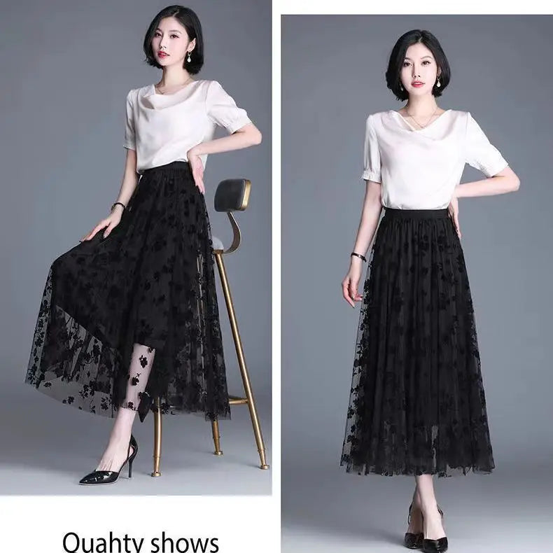 Korean Women Tulle Skirt Fashion Summer Hook Floral Loose Midi Skirt Elegant Female Casual All Match Mesh Skirts New