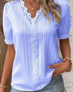 Women's Summer New Top 2024 Solid Sexy V-Neck Hollow Short Sleeve Shirt Fashion Splice Plus Size Blouse Loose Street Apparel