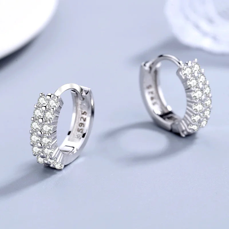 korean fashion 925 Sterling silver Double row Zircon Round Earrings Stud for women fine Jewelry wedding accessories