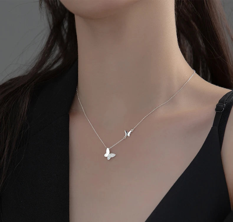 Fashion New 925 Sterling Silver Shiny Flash Diamond Butterfly Double Layer O Chain Necklaces Wedding Party Jewelry for Women