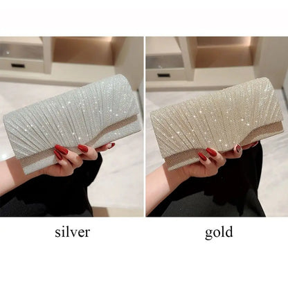 Fashion Ladies Gold Silver Luxury Satin Clutches Evening Bags Sequins Banquet Clutch Bag Wedding Party Purse Womens Chain Bags