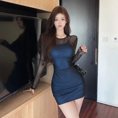 Dresses for Women Mesh Woman Long Sleeve Dress Sensual Sexy Splicing Hot Clothes Thic Elastic Clothing Elegant Luxury Pretty Y2k