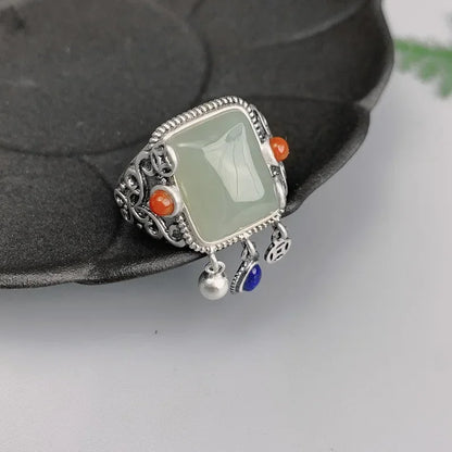 Vintage natural Hotan jade green rings for women 925 silver National style tassels lapis lazuli ring classic geometry jewelry