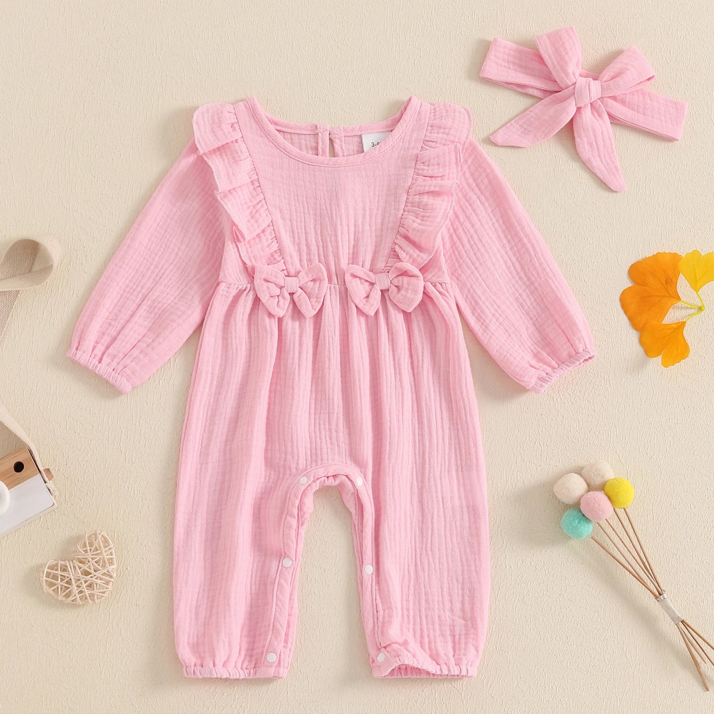 Autumn Infant Baby Girls Casual Jumpsuit Long Sleeve Ruffle Romper Headband Fall Casual Clothes