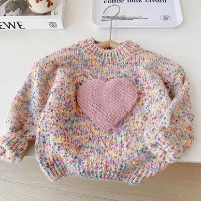 Children's Clothing Autumn Winter Girls Fashion Thickened Knitted Pullover Sweater Children's Three-Dimensional Love Colored Top