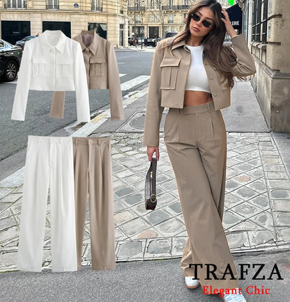 TRAFZA Casual Short Blazer Suit Women Pockets Lapel Jacket with Pants New 2024 Spring Fall Holiday Commuter Blazer Suit