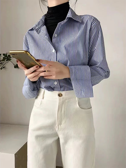 2024 New Women's Casual Shirt Comfortable Simple Striped Blue And White Classic Retro Spring And Autumn Long Sleeve Top