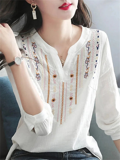 Women Spring Autumn White Blouses Tops Lady Casual Embroidery V-Neck Long Sleeve Vintage Loose Blusas Top