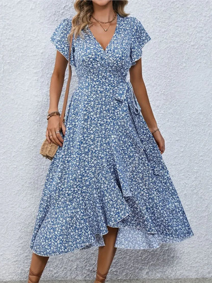 Summer Women's Flower Flowy Split Midi Dress Fashion V Neck Short Sleeve Irregular Dresses Boho Beach Holiday Sundress Robe