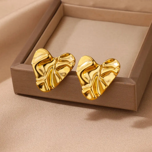 Vintage Pleated Heart Earrings for Women Stainless Steel Gold Color Stud Piercing Earrings 2024 Trend Ear Jewelry Wedding Gift