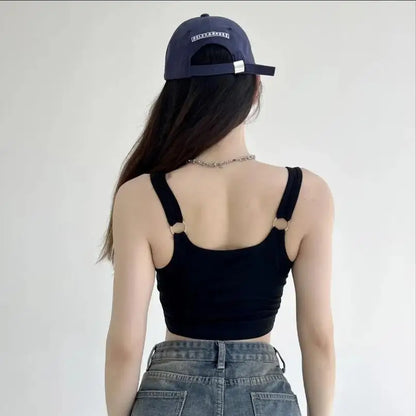 Striped bra pad sexy tank top Y2K solid color short women's T-shirt tank top exposed navel top sleeveless exposed navel top tank