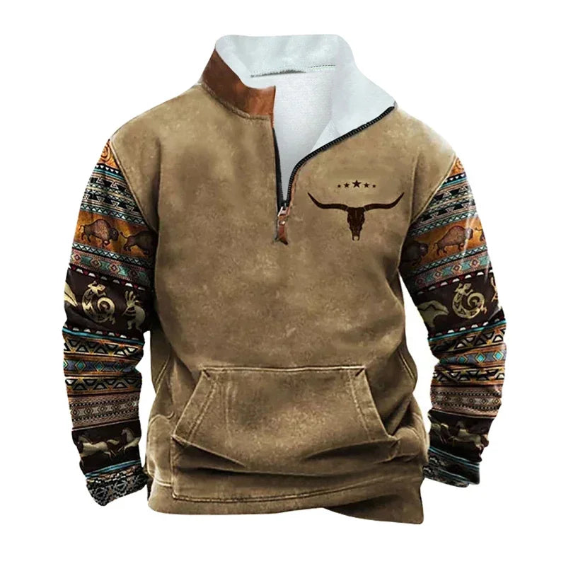 Vintage Sweatshirt For Men Ethnic Style Casual Warm Hoodie Tops Turtleneck Zipper Jacket Pullover Harajuk Fleece Sweatshirts