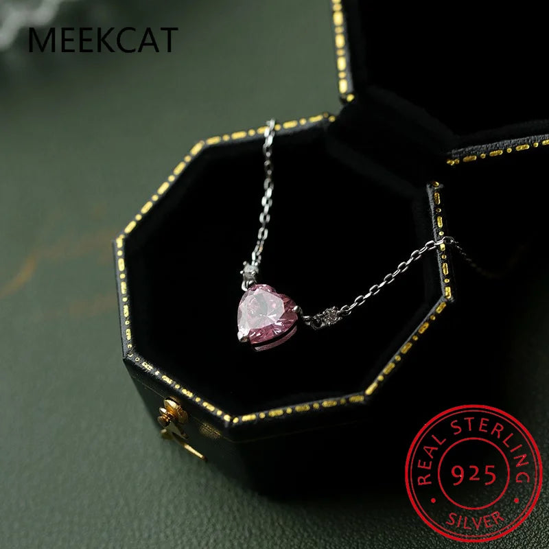 925 Sterling Silver Pink Zircon Love Heart Necklace for Women Fashion Sweet Design Clavicle Chain collares para mujer DD-TN33