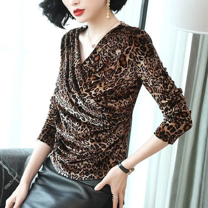 Spring New Leopard Female Clothing 2023 V-neck Pullovers Long Sleeve Bottoming Shirt Women Asymmetrical Slim Sexy T-shirt